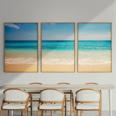 Quadro-Decorativo-3-Telas-Paisagem-Mar-Praia-Ceu-Aberto-60x90-Moldura-Natural-com-vidro