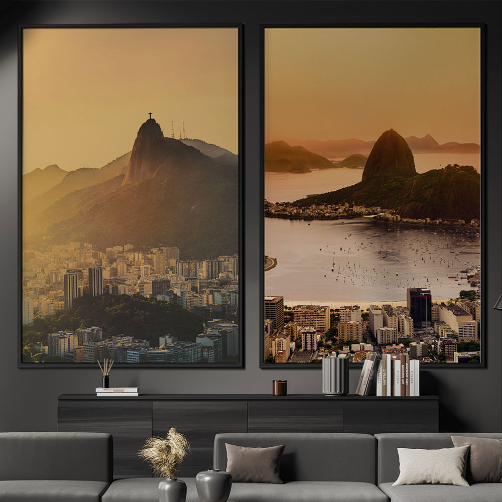 Quadro Decorativo 2 Telas Cidades Rio de Janeiro Por do Sol 60x90 Moldura Preta com vidro