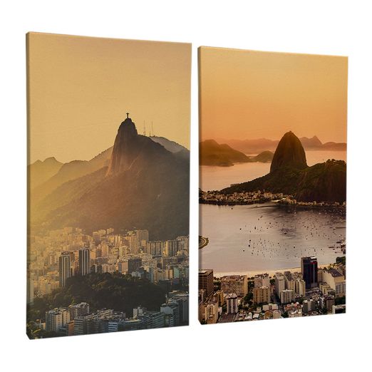 Quadro-Decorativo-2-Telas-Cidades-Rio-de-Janeiro-Por-do-Sol-60x90-Moldura-Preta-com-vidro