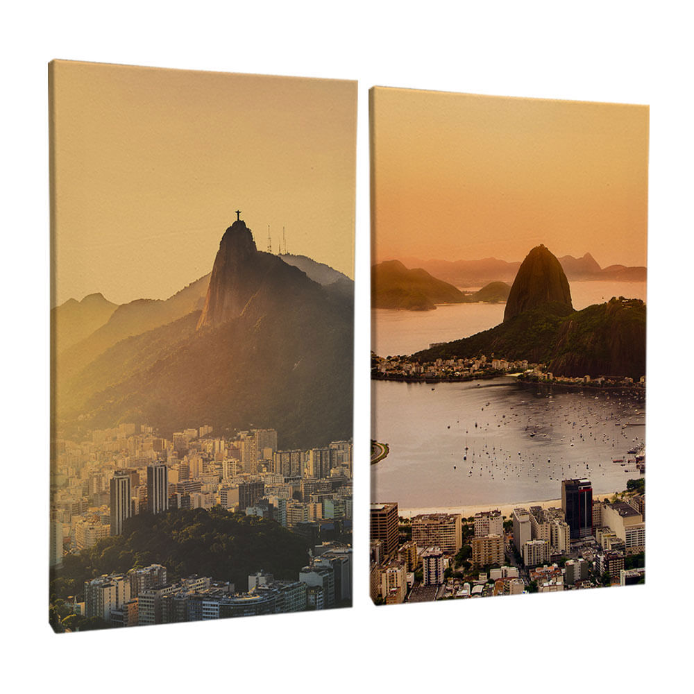Quadro Decorativo 2 Telas Cidades Rio de Janeiro Por do Sol 40X60 Moldura Preto sem vidro - Imagem 2