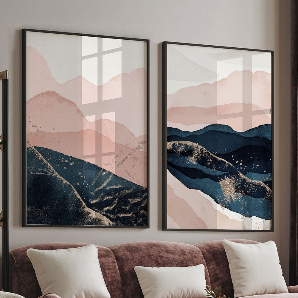 Quadro Decorativo 2 Telas Abstrato Montanhas Azul e Rosa 60x90 Moldura Preta com vidro