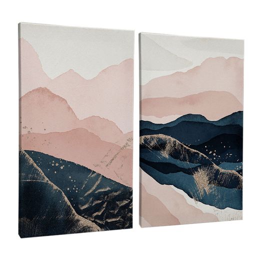 Quadro-Decorativo-2-Telas-Abstrato-Montanhas-Azul-e-Rosa-60x90-Moldura-Preta-com-vidro