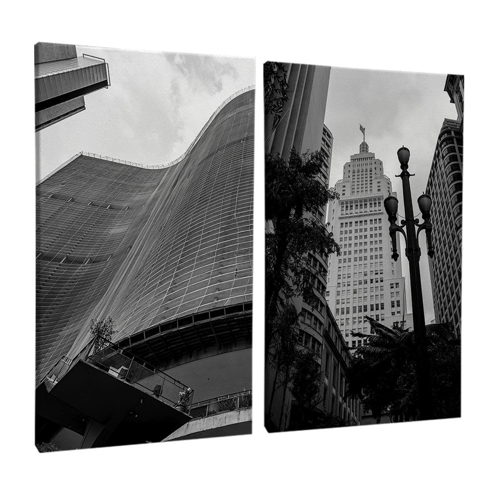 Quadro Decorativo 2 Telas Cidades São Paulo Preto e Branco 60x90 Moldura Preta com vidro - Imagem 2