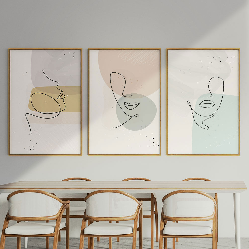 Quadro Decorativo 3 Telas Rosto Linhas III 40x60 Moldura Natural sem vidro