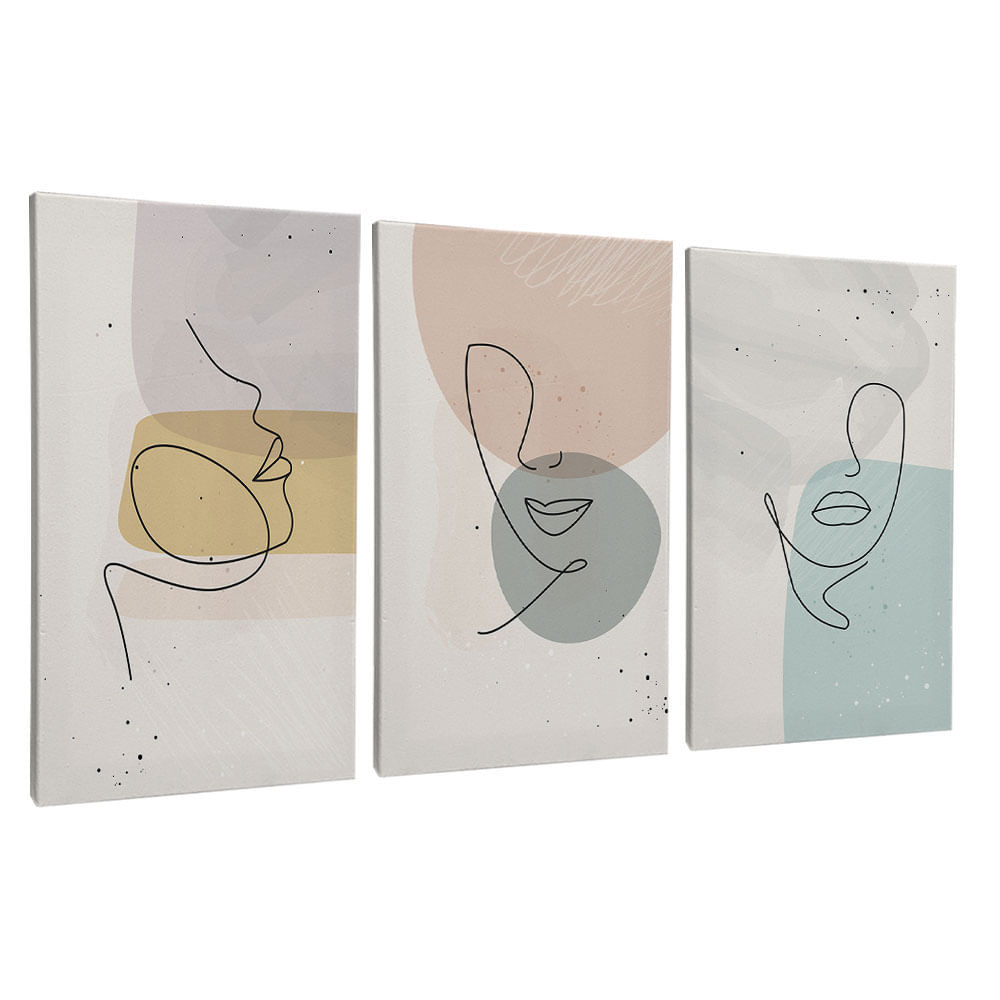 Quadro Decorativo 3 Telas Rosto Linhas III 40x60 Moldura Natural sem vidro - Imagem 2