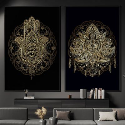 Quadro-Decorativo-2-Telas-Mandalas-Hamsa-Lotus-Mao-Olho-no-Meio-60x90-Moldura-Natural-com-vidro