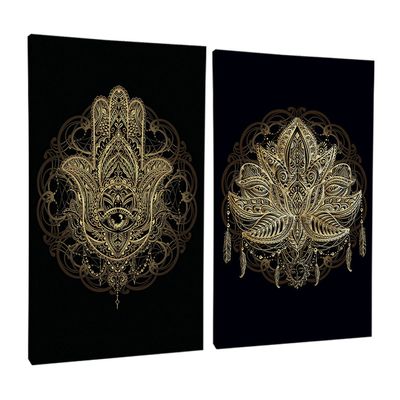 Quadro-Decorativo-2-Telas-Mandalas-Hamsa-Lotus-Mao-Olho-no-Meio-40X60-Moldura-Preto-sem-vidro