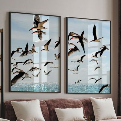 Quadro-Decorativo-2-Telas-Gaivotas-60x90-Moldura-Preta-com-vidro