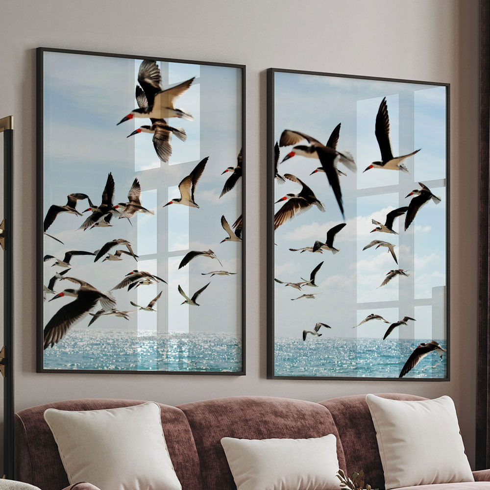 Quadro Decorativo 2 Telas Gaivotas 60x90 Moldura Preta com vidro