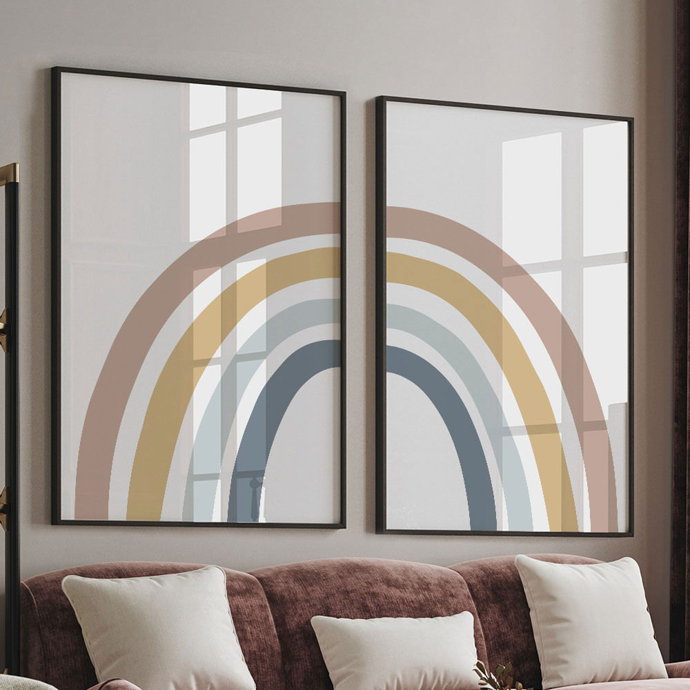 Quadro Decorativo 2 Telas Arco Íris 60x90 Moldura Preta com vidro