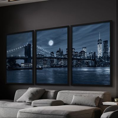 Quadro-Decorativo-3-Telas-Manhattan-60x90-Moldura-Preta-com-vidro