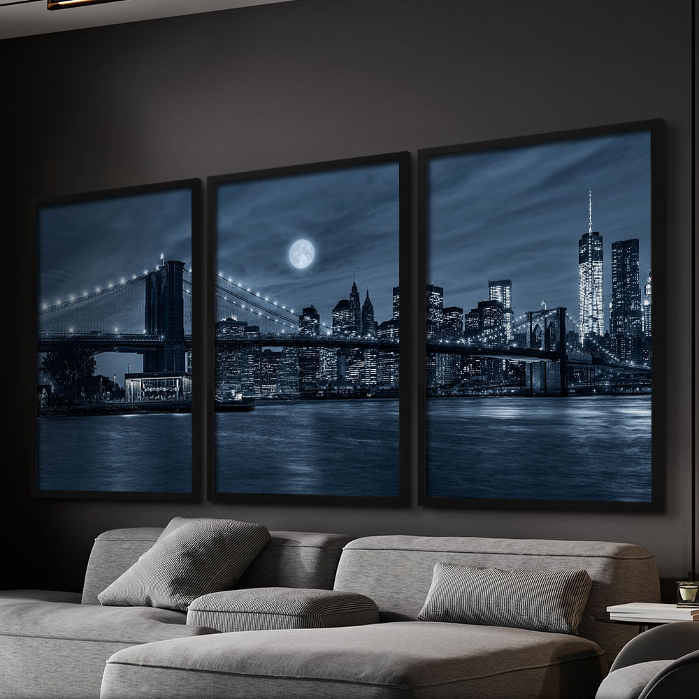 Quadro Decorativo 3 Telas Manhattan 60x90 Moldura Preta com vidro