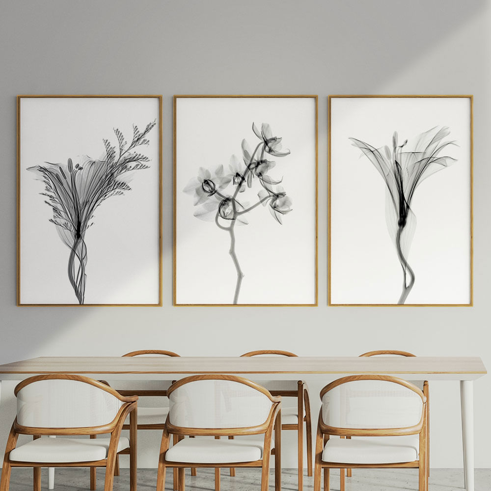 Quadro Decorativo 3 Telas Flores PB II 60x90 Moldura Natural com vidro