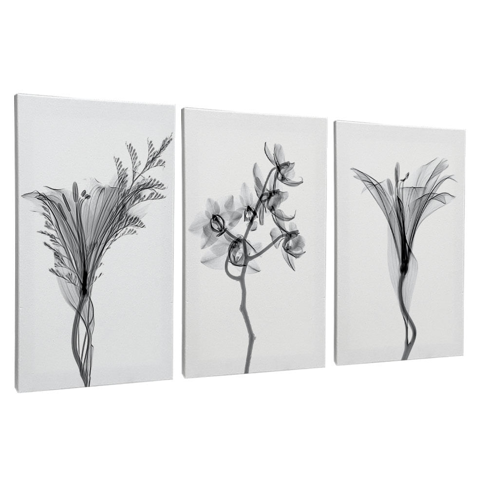 Quadro Decorativo 3 Telas Flores PB II 40x60 Moldura Natural sem vidro - Imagem 2