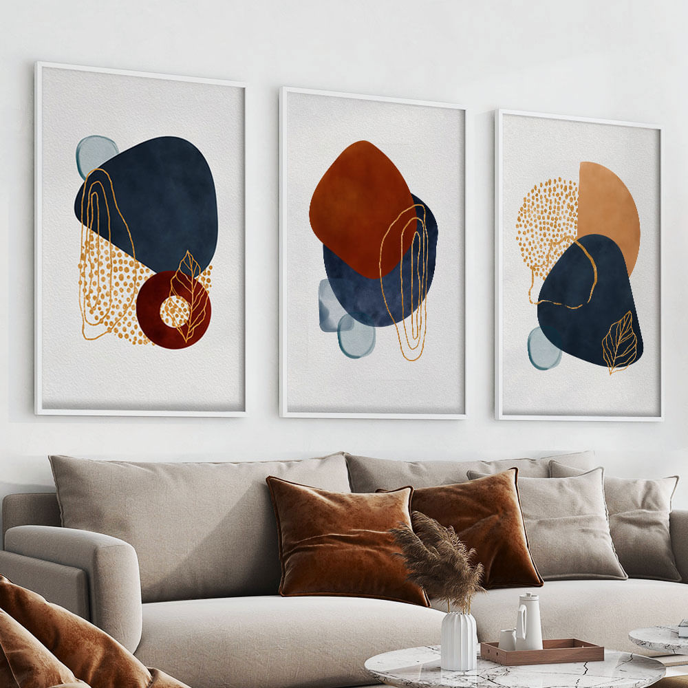 Quadro Decorativo 3 Telas Composição IX 60x90 Moldura Branca com vidro