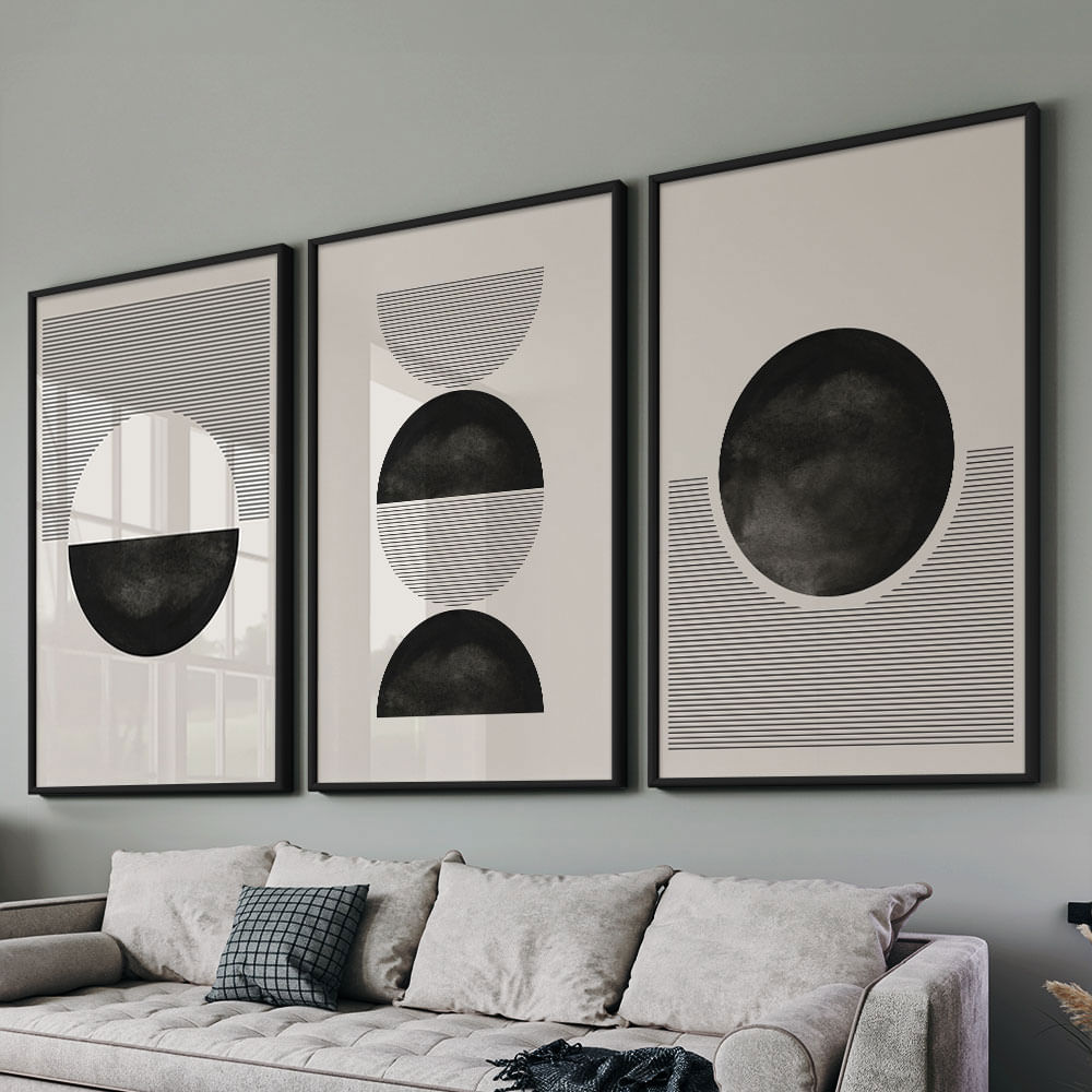 Quadro Decorativo 3 Telas Abstrato com Linhas I 60x90 Moldura Preta com vidro