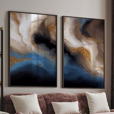 Quadro-Decorativo-2-Telas-Abstrato-XII-60x90-Moldura-Preta-com-vidro