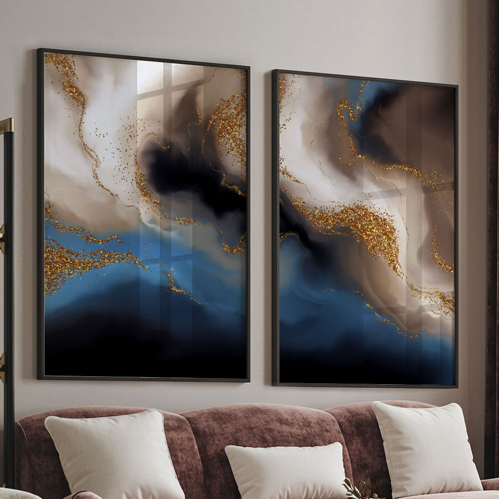 Quadro Decorativo 2 Telas Abstrato XII 60x90 Moldura Preta com vidro