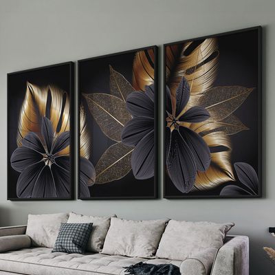 Quadro-Decorativo-3-Telas-Folhas-Douradas-40X60-Moldura-Preto-sem-vidro