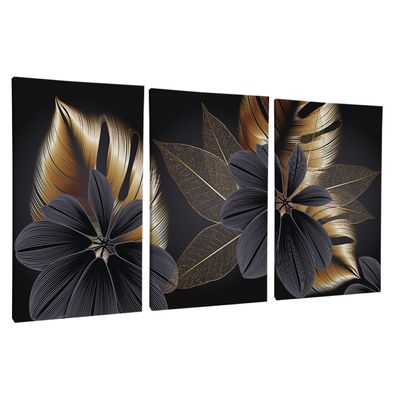 Quadro-Decorativo-3-Telas-Folhas-Douradas-40X60-Moldura-Preto-sem-vidro