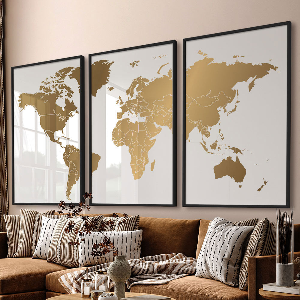 Quadro Decorativo 3 Telas Mapa Mundi 60x90 Moldura Preta com vidro