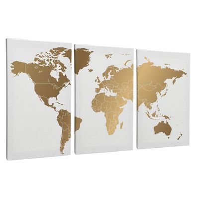 Quadro-Decorativo-3-Telas-Mapa-Mundi-60x90-Moldura-Preta-com-vidro