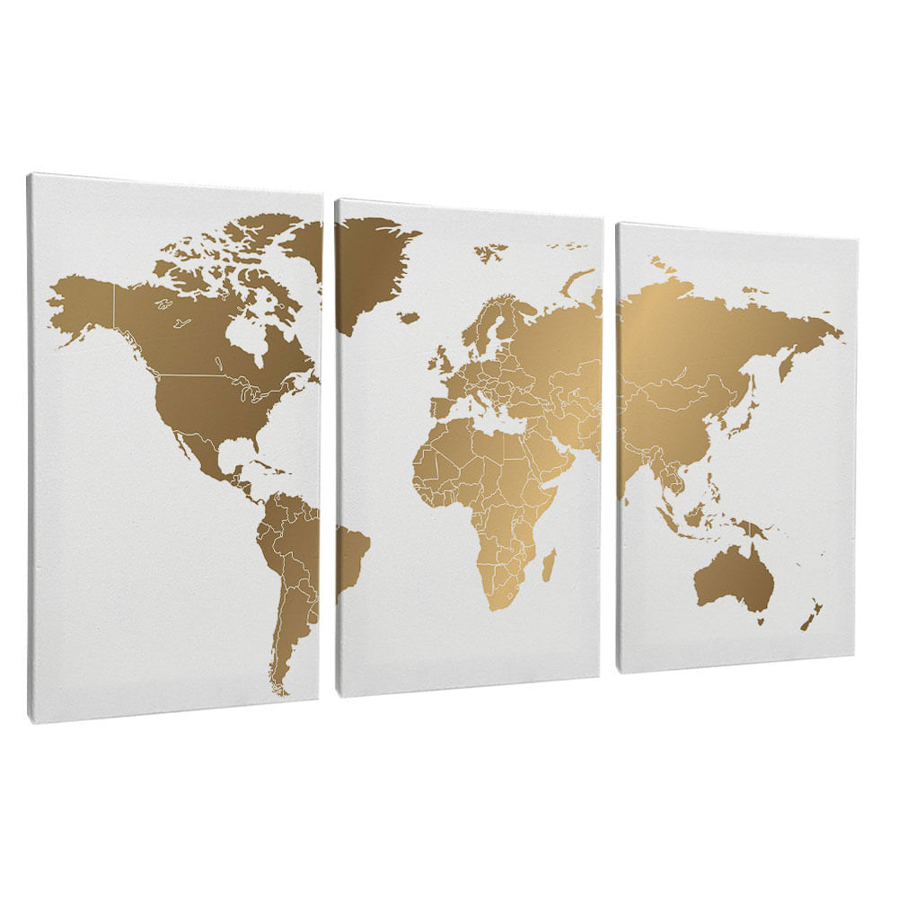 Quadro Decorativo 3 Telas Mapa Mundi 60x90 Moldura Preta com vidro - Imagem 2