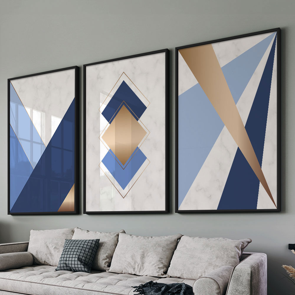 Quadro Decorativo 3 Telas Geométrico Azul Dourado Formas Linhas 60x90 Moldura Preta com vidro
