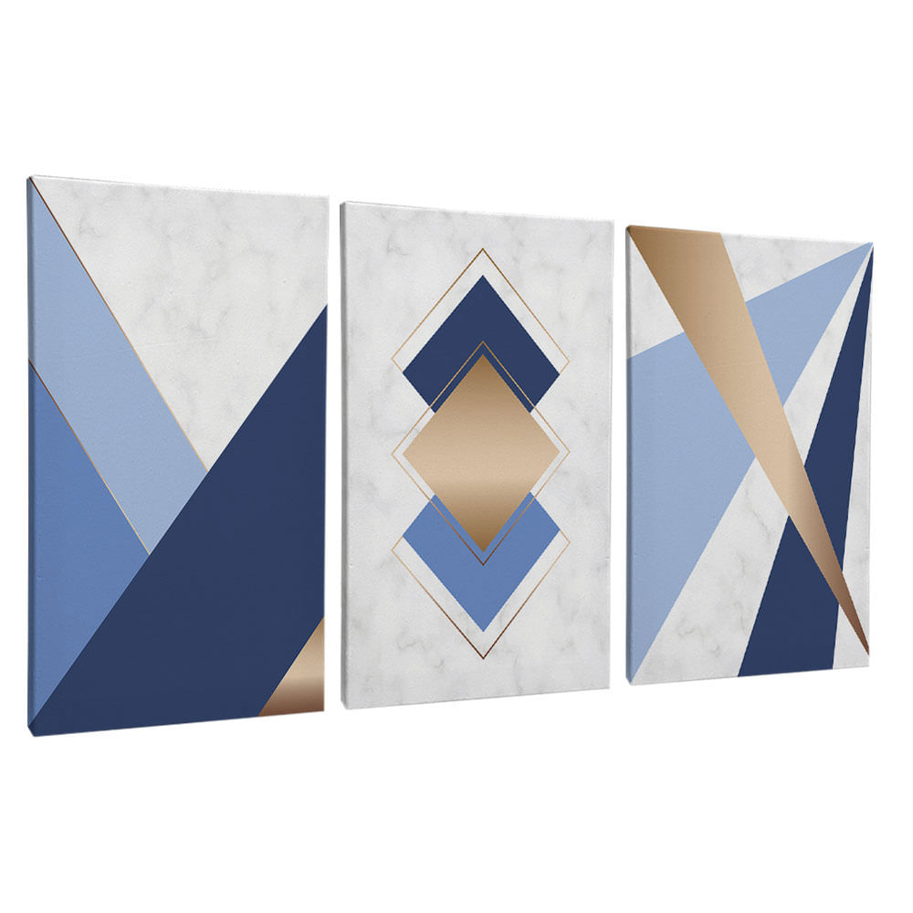 Quadro Decorativo 3 Telas Geométrico Azul Dourado Formas Linhas 60x90 Moldura Preta com vidro - Imagem 2