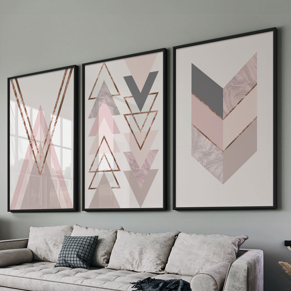 Quadro Decorativo 3 Telas Geométrico Rose Formas Linhas 60x90 Moldura Preta com vidro