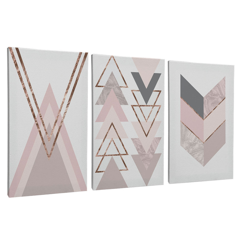 Quadro Decorativo 3 Telas Geométrico Rose Formas Linhas 40X60 Moldura Preto sem vidro - Imagem 2