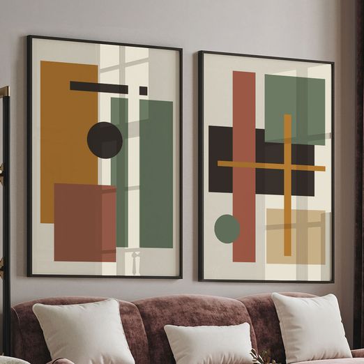 Quadro-Decorativo-2-Telas-Formas-Geometrico-Abstrato-Linhas-Verde-60x90-Moldura-Preta-com-vidro