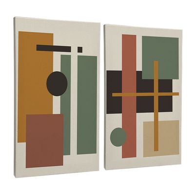 Quadro-Decorativo-2-Telas-Formas-Geometrico-Abstrato-Linhas-Verde-60x90-Moldura-Preta-com-vidro