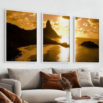 Quadro-Decorativo-3-Telas-Paisagem-Por-do-Sol-Mar-Fernando-de-Noronha-60x90-Moldura-Branca-com-vidro