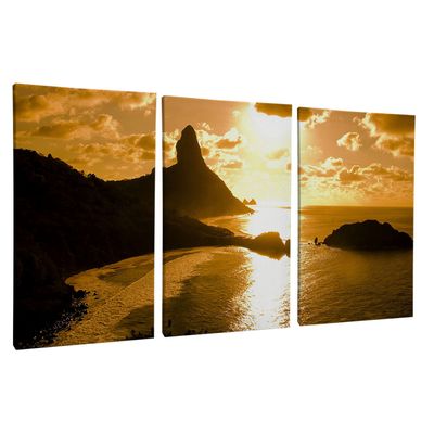 Quadro-Decorativo-3-Telas-Paisagem-Por-do-Sol-Mar-Fernando-de-Noronha-60x90-Moldura-Branca-com-vidro