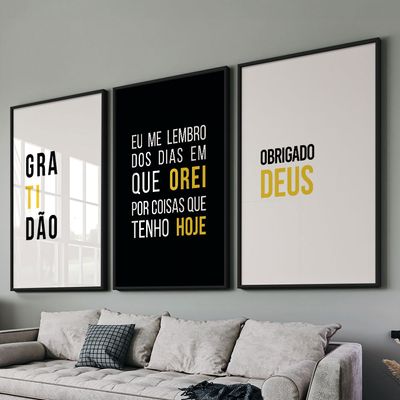 Quadro-Decorativo-3-Telas-Gratidao-II-60x90-Moldura-Preta-com-vidro