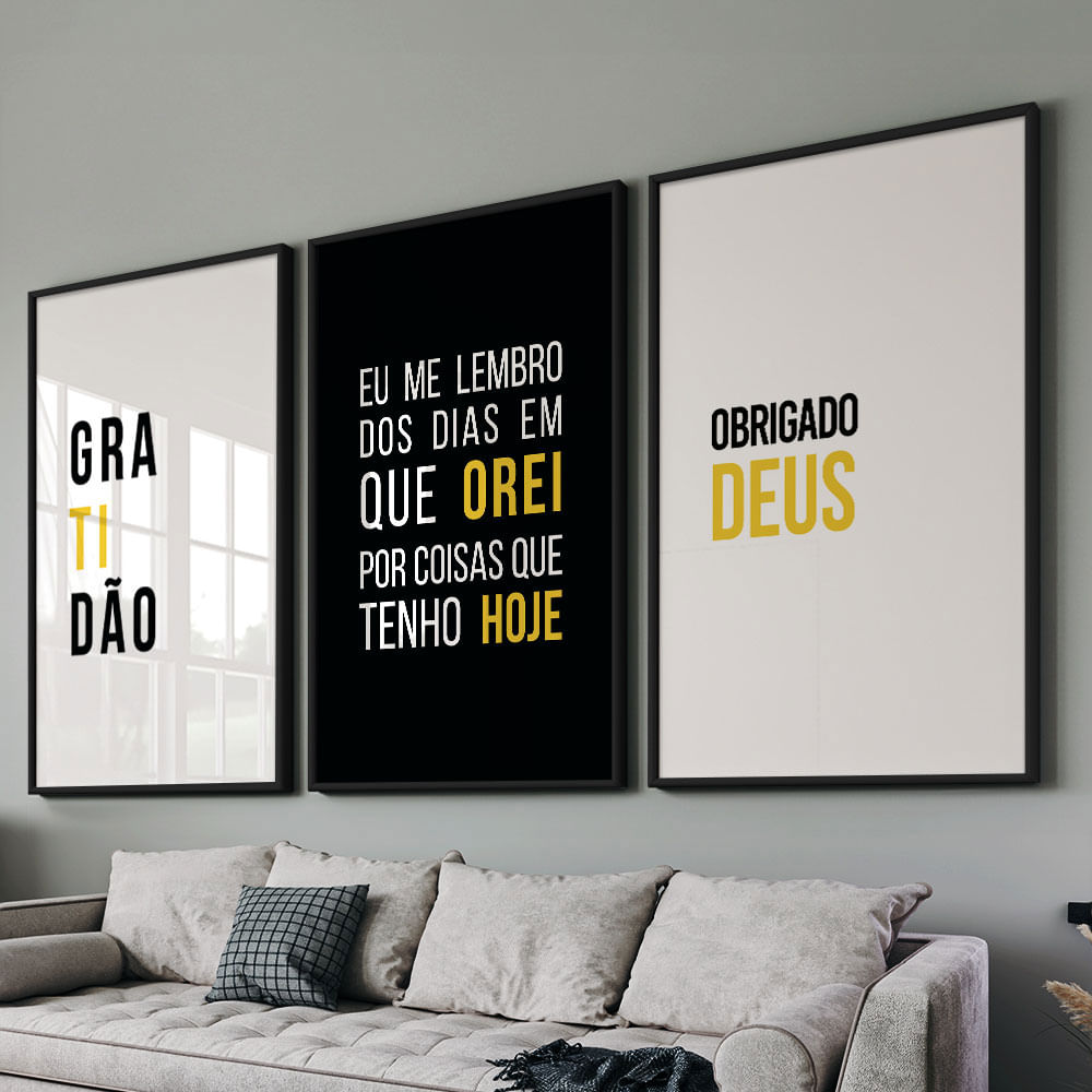 Quadro Decorativo 3 Telas Gratidão II 60x90 Moldura Preta com vidro