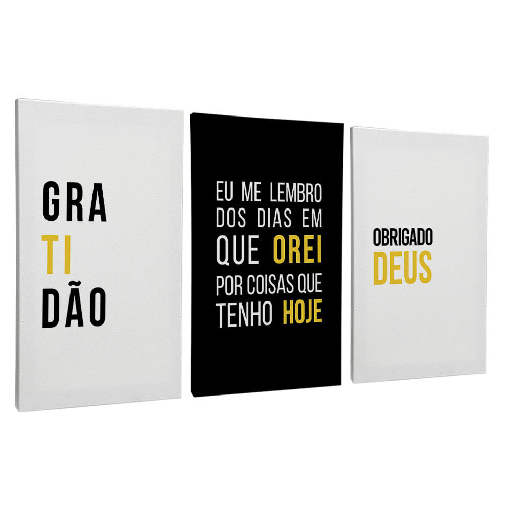 Quadro Decorativo 3 Telas Gratidão II 60x90 Moldura Preta com vidro - Imagem 2