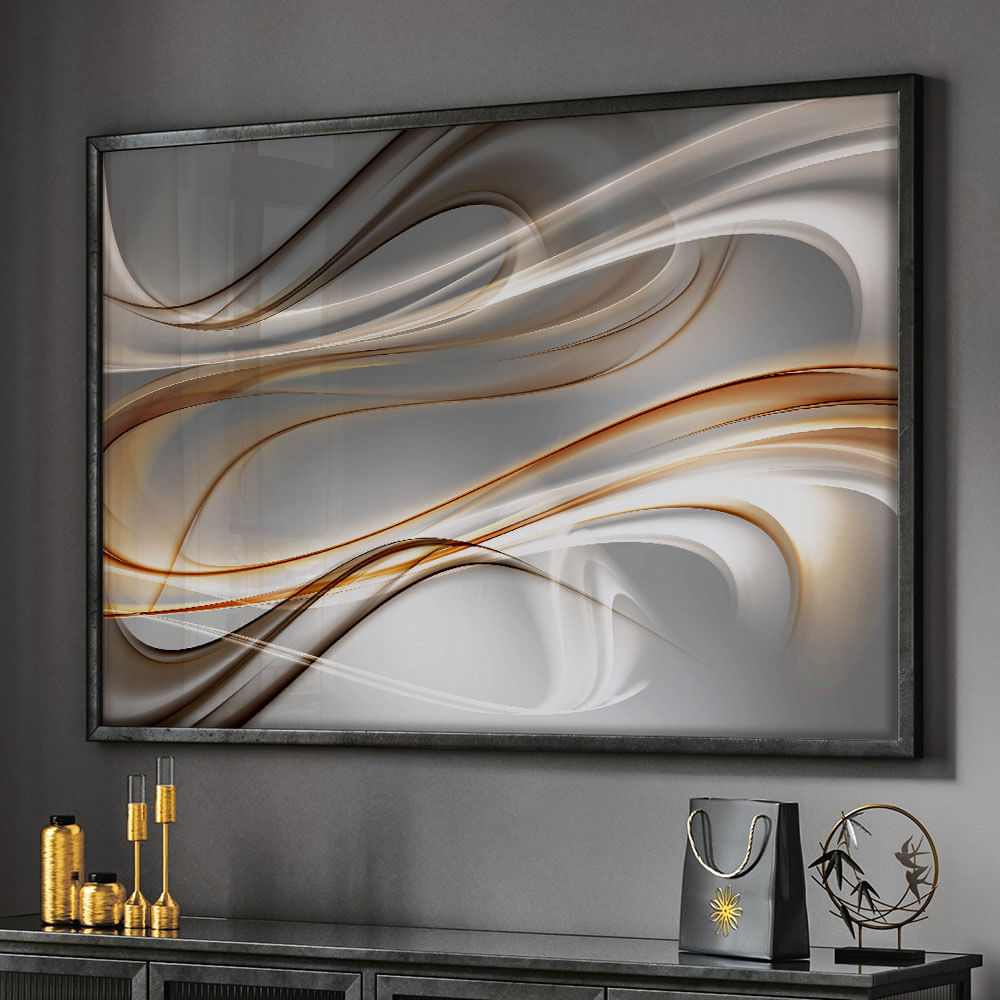 Quadro Decorativo Abstrato Dourado Branco Marrom Linhas Moldura Preta com vidro 90x60