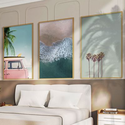 Quadro-Decorativo-3-Telas-Praia-Mar-Surf-Coqueiro-60x90-Moldura-Natural-com-vidro