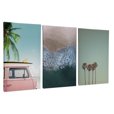 Quadro-Decorativo-3-Telas-Praia-Mar-Surf-Coqueiro-60x90-Moldura-Natural-com-vidro