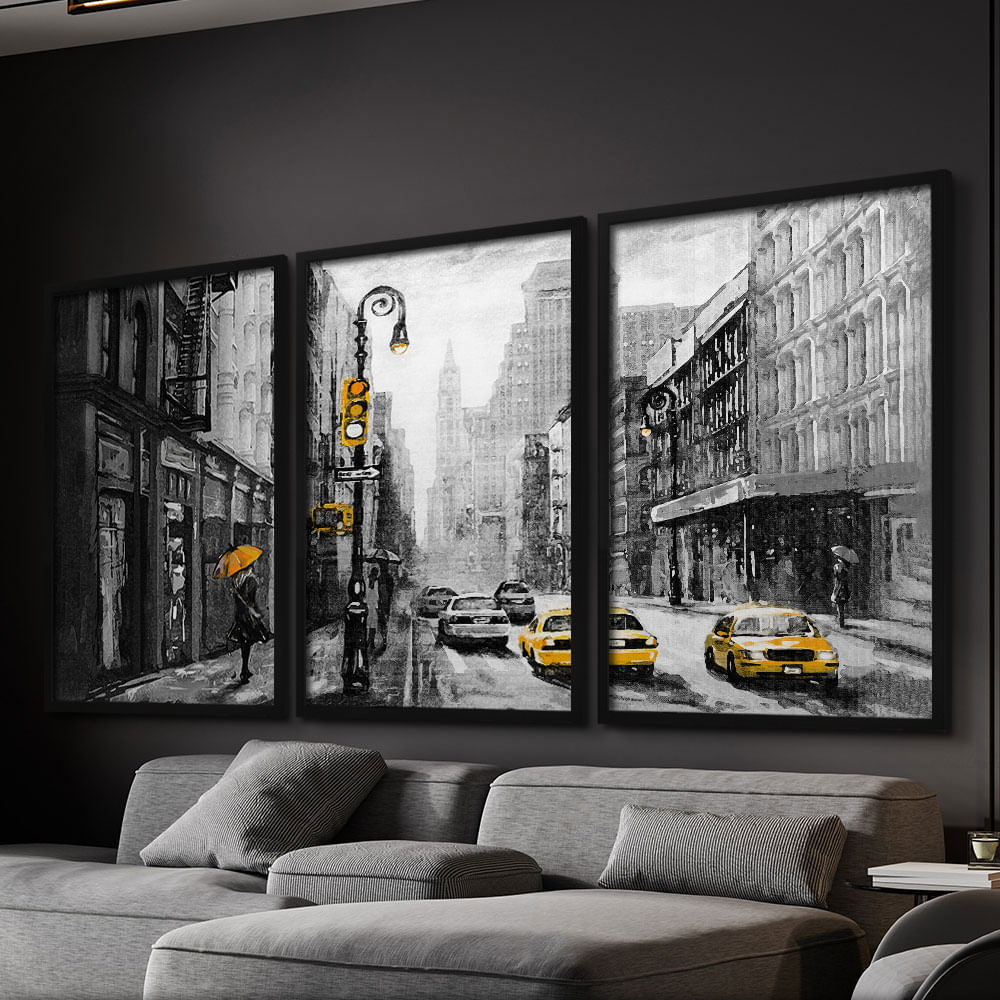 Quadro Decorativo 3 Telas Cidade Pintura de New York Nova Iorque Preto e Branco 60x90 Moldura Preta com vidro
