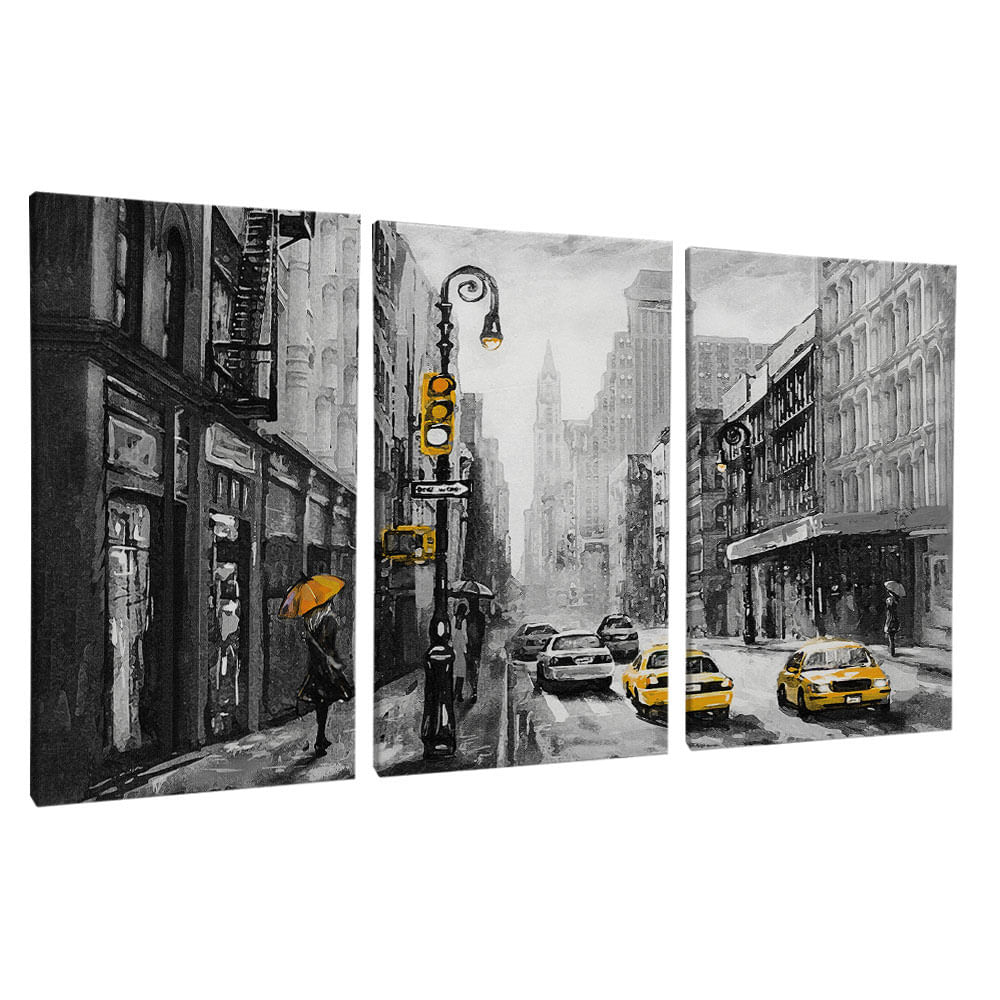 Quadro Decorativo 3 Telas Cidade Pintura de New York Nova Iorque Preto e Branco 60x90 Moldura Preta com vidro - Imagem 2