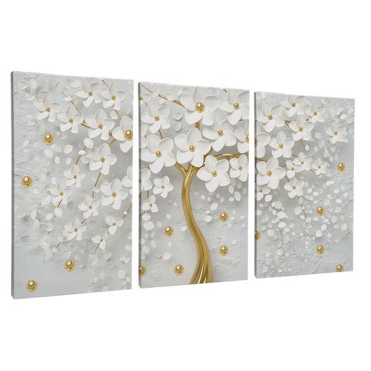 Quadro-Decorativo-3-Telas-Florais-Arvore-Dourada-Folhas-Brancas-90x60-Moldura-Branca-com-vidro
