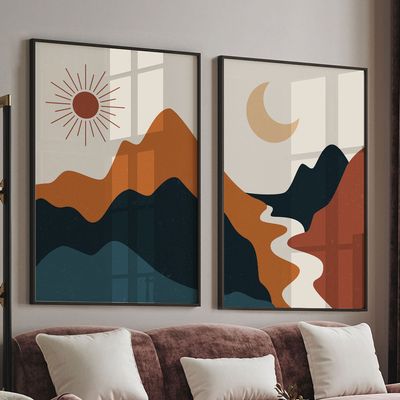 Quadro-Decorativo-2-Telas-Paisagem-Minimalista-60x90-Moldura-Preta-com-vidro