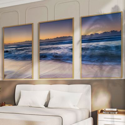 Quadro-Decorativo-3-Telas-Paisagem-Praia-Mar-Azul-60x90-Moldura-Natural-com-vidro