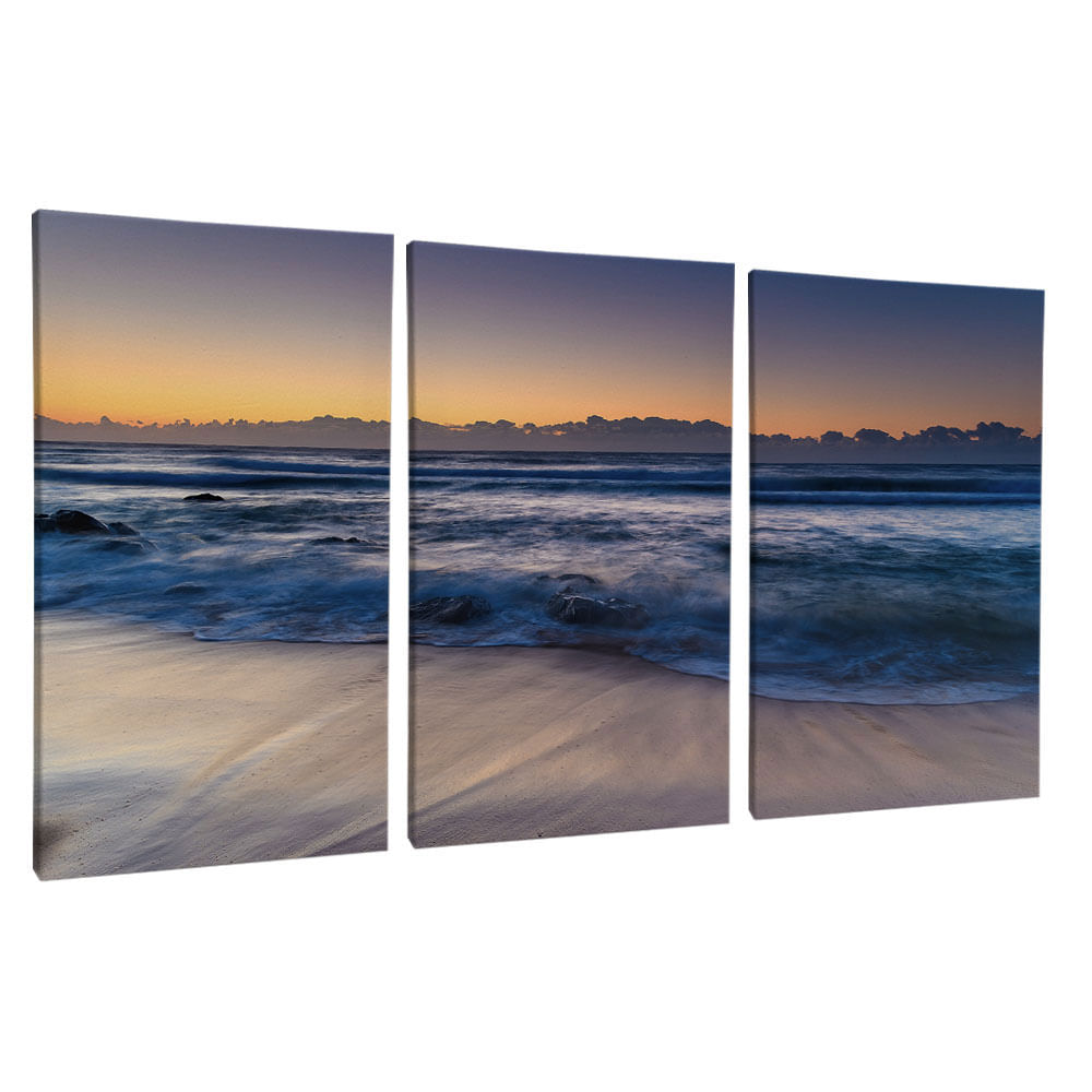 Quadro Decorativo 3 Telas Paisagem Praia Mar Azul 40x60 Moldura Natural sem vidro - Imagem 2