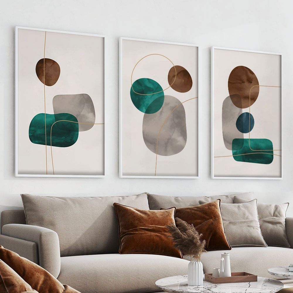 Quadro Decorativo 3 Telas Composição III 60x90 Moldura Branca com vidro