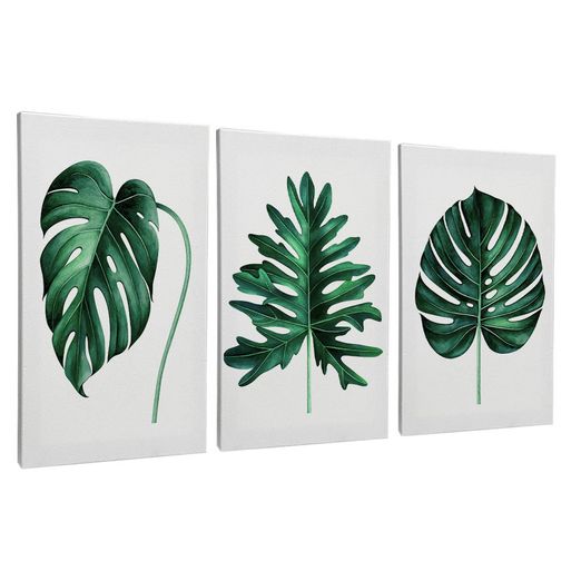 Quadro-Decorativo-3-Telas-Folhagens-Folhas-Verdes-60x90-Moldura-Natural-com-vidro