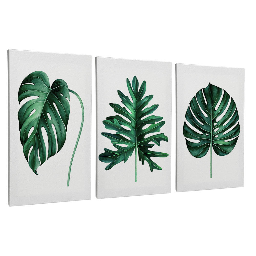 Quadro Decorativo 3 Telas Folhagens Folhas Verdes 60x90 Moldura Natural com vidro - Imagem 2